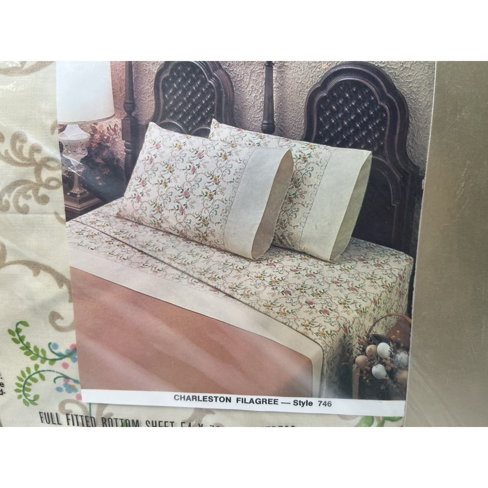 Vtg Cannon Royal Family Bed Set Charleston Filigree Double Flat, Fitted Pillows - Picture 3 of 15